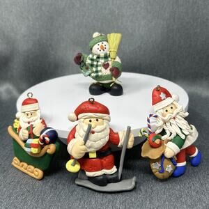 Vintage 4pc Clay Santa And Snowman Ornaments Set Kitschy Holiday Christmas